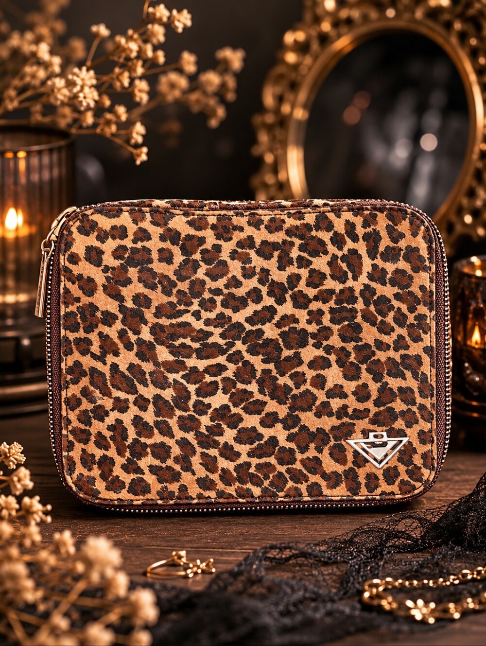 Bottega Veneta Leopard Print Cosmetic Travel Case w/ Mirror Italy Zip Pouch